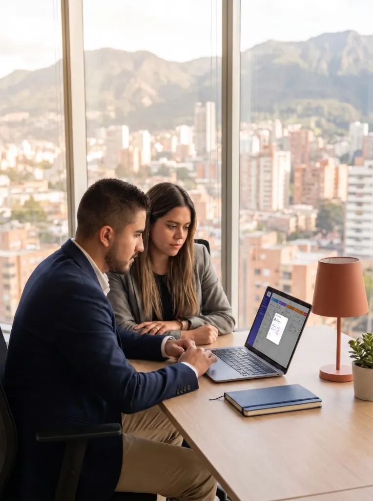 Consultores revisando en un portátil los indicadores financieros de un cliente, con vista a la ciudad