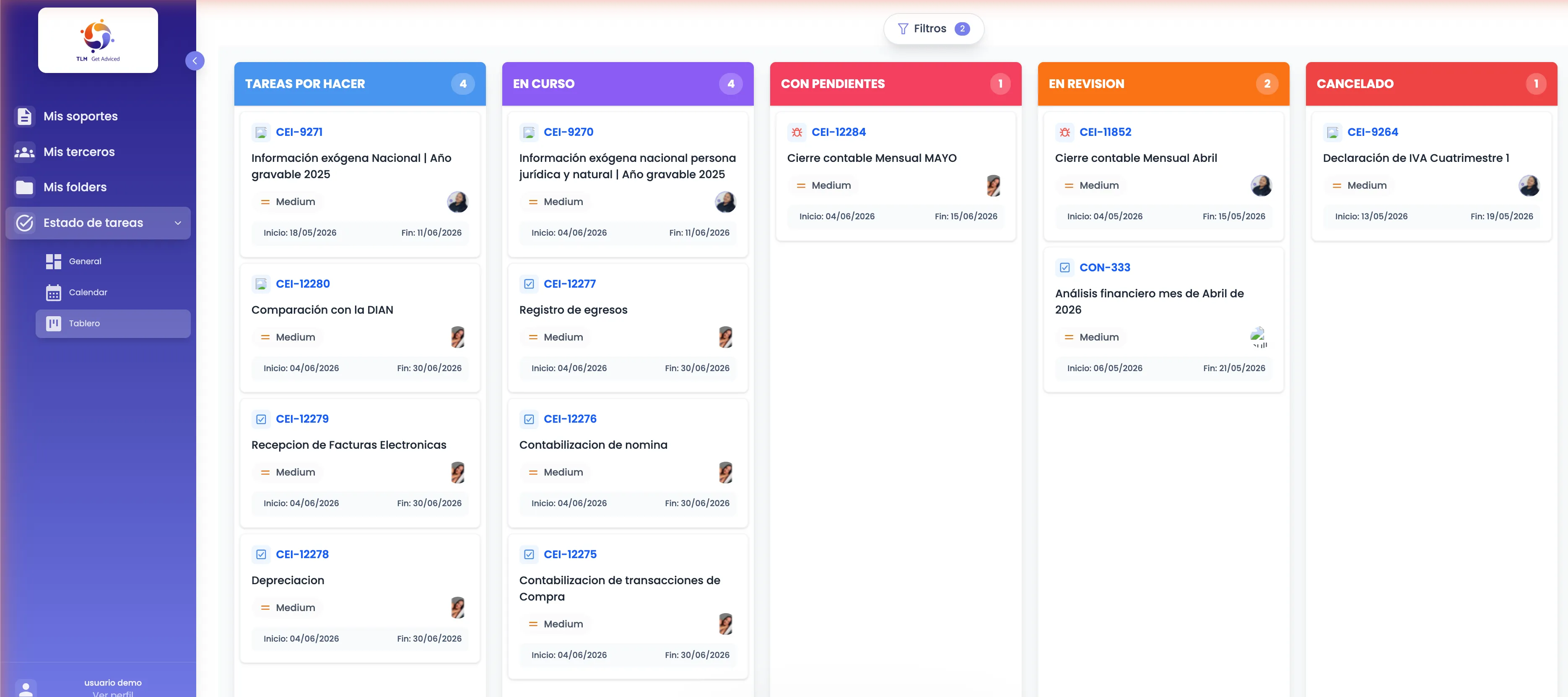 Tablero Kanban de App TLM con las tareas del cliente por estado: por hacer, en curso, con pendientes, en revisión y canceladas